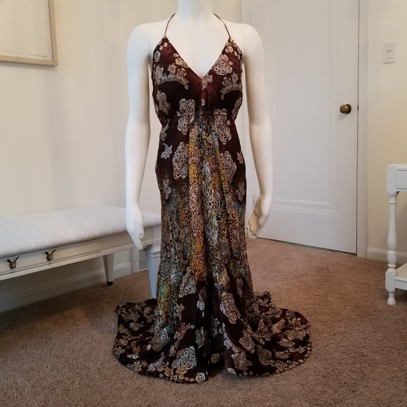 Vintage Dresses & Skirts - Vintage Y2K Maxi Dress 8 100% Silk Floral High Low Halter Brown Multi Boho Fairy